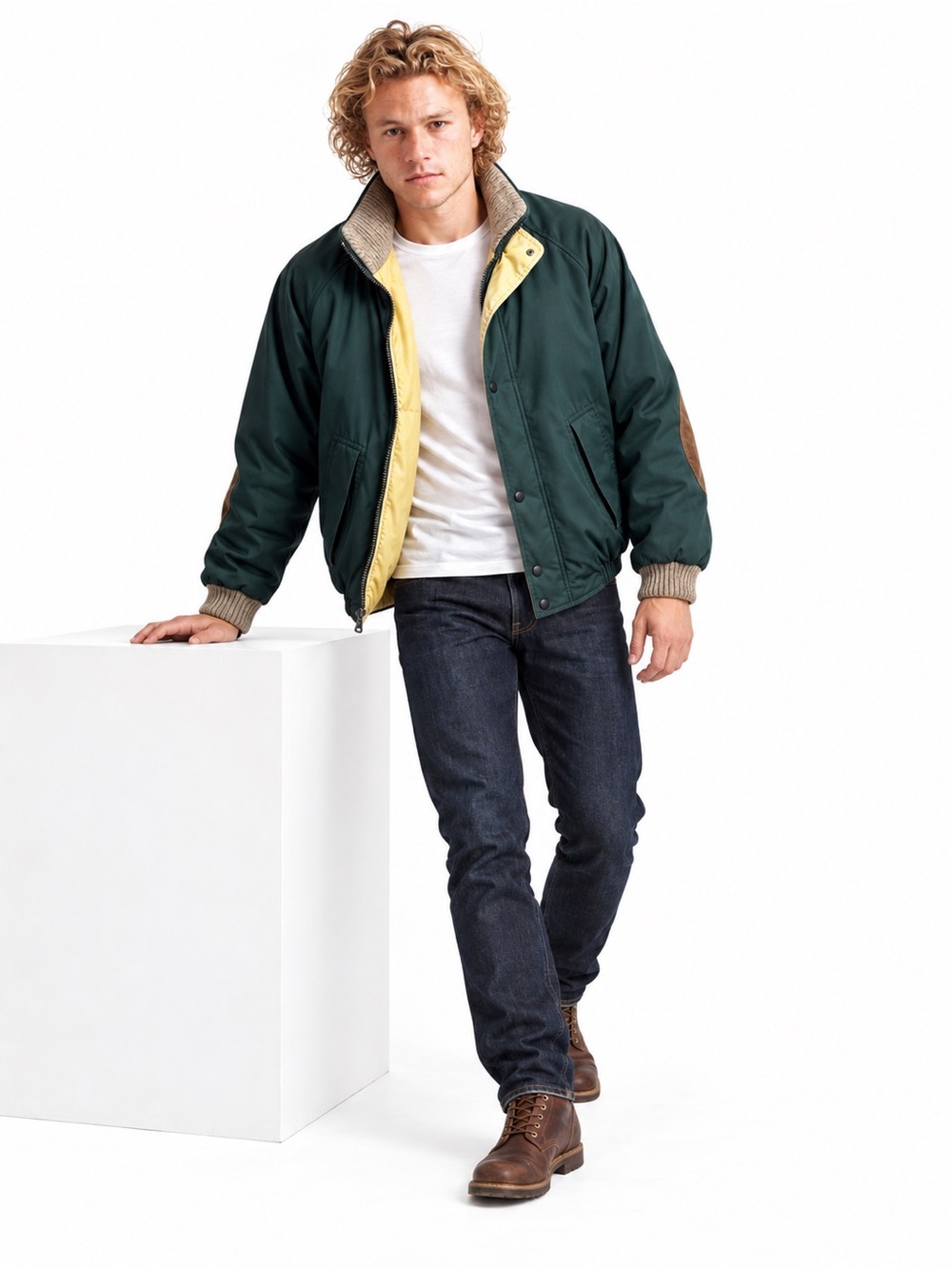 VTG Men’s Nautica Goose Down Puffer Coat | Green | Leather Arm Patches | Large - Picture 14 of 15